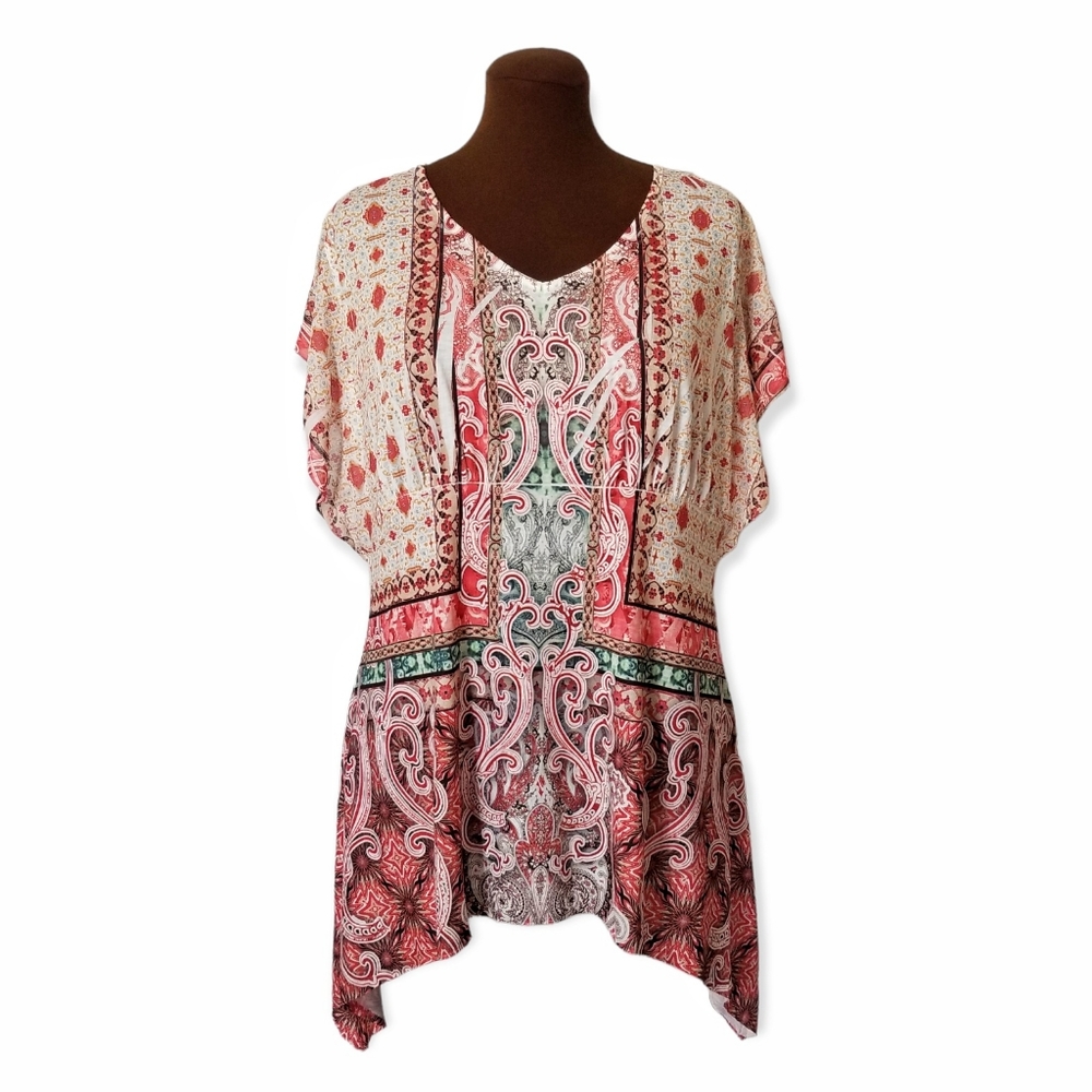 One World Printed Lace Applique Top Women's Size 1X New